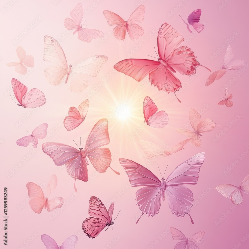 Obraz premium Many pink butterflies fly around bright sunlight on pink background