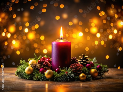 A dark silhouette Advent wreath glimmers with golden sparkles, casting a warm candlelight glow. photo