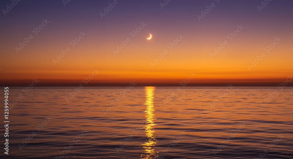 Ocean Sunset with Crescent Moon Reflecting on Water Surface at Dusk Ocean Sunset with Crescent Moon Reflecting on Water Surface at Dusk