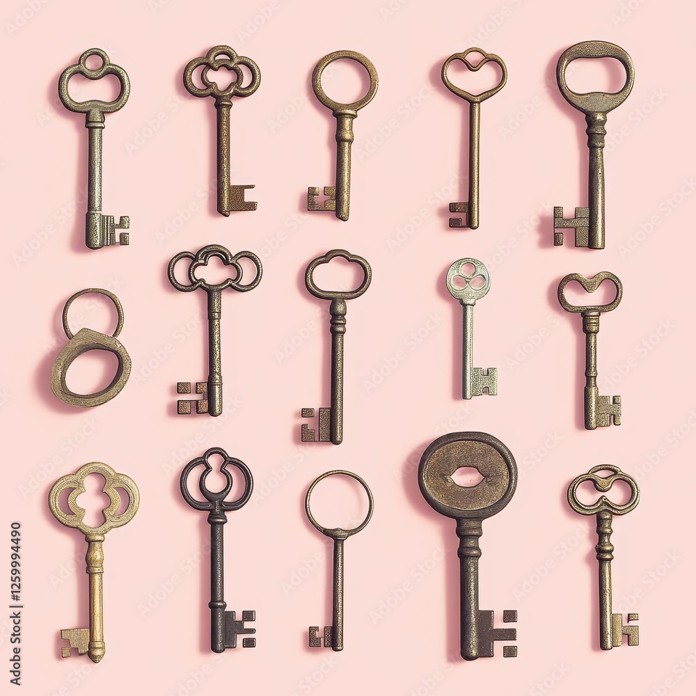 Collection of antique keys displayed on light pink background Collection of antique keys displayed on light pink background