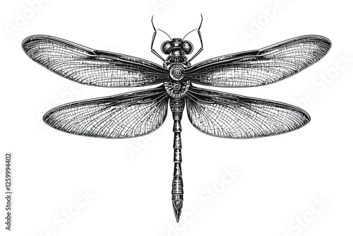 Realistic Dragonfly Drawing with Detailed Wing Patterns in Ink Art Style