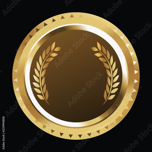 Gold badge medal vector illustration, golden laurel wreath seal, blank golden circle background