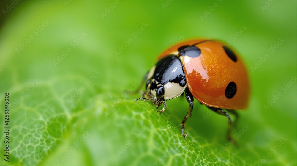 Fototapeta premium Close-up of a ladybug crawling on a green leaf, showcasing vibrant colors and fine details.