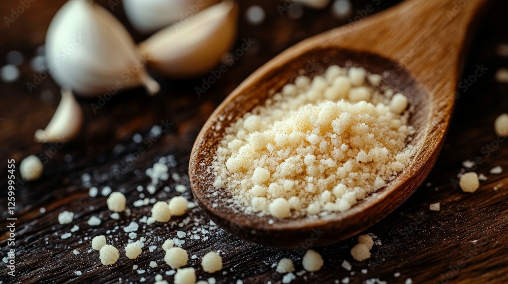 A wooden spoon holds granulated garlic salt beside garlic cloves on a rustic wooden surface. A wooden spoon holds granulated garlic salt beside garlic cloves on a rustic wooden surface.