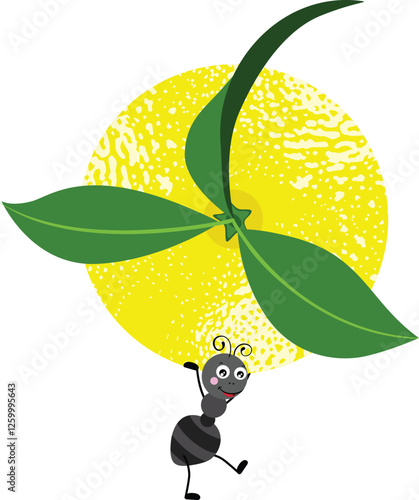 Cute ant carrying a lemon