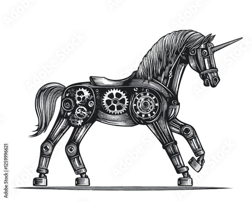 Intricate Cybernetic Horse with Gears and Metal Parts in Monochrome Design