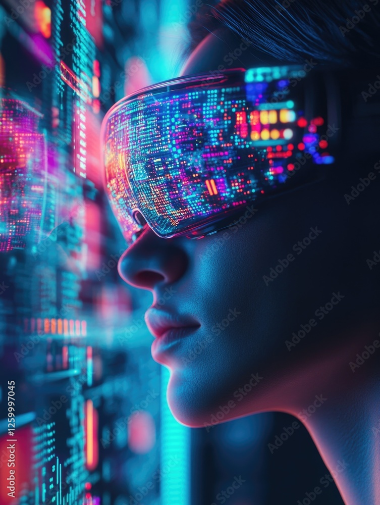 Female with futuristic gear interacting with digital interface. Female with futuristic gear interacting with digital interface.