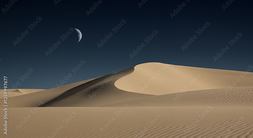 Naklejka premium Sand Dunes Landscape with Crescent Moon Under Dark Blue Night Sky