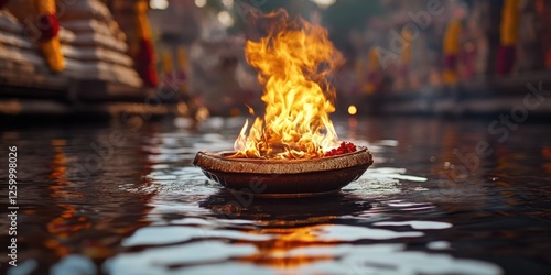 Ancient tradition of floating a fire altar on water to honor the sacred river Ganges. A Hinduism practice of Agni Hotra, wherein offerings are made into the sacred flames. photo