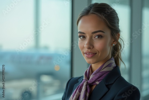 Head and shoulders Portrait of an elegant stylish Bahraini young female flight attendant in uniform. photo