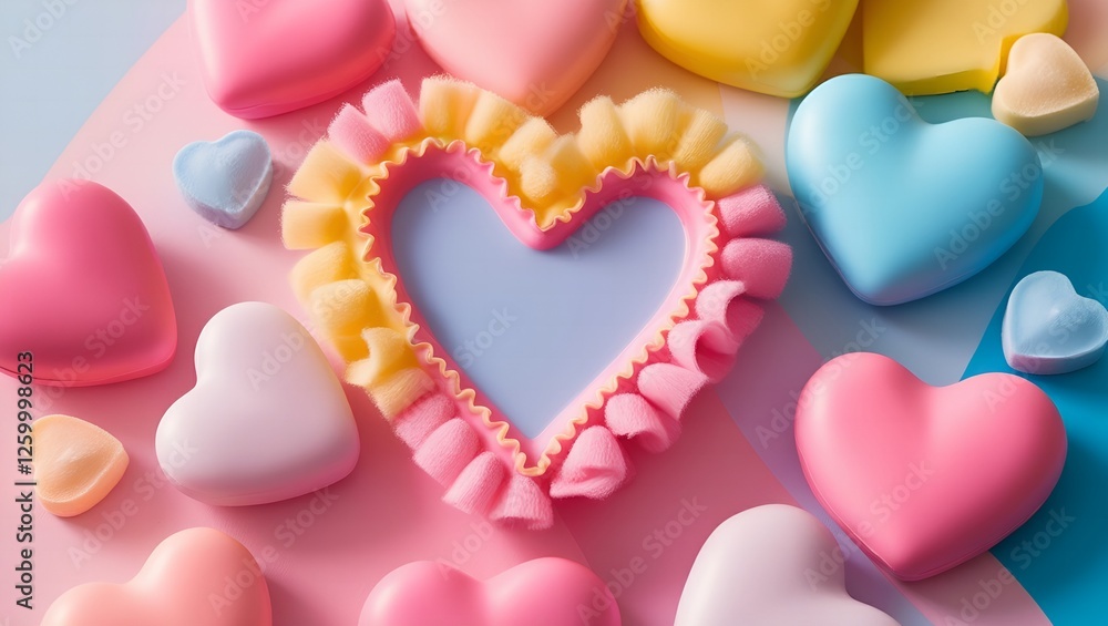 Obraz premium Colorful valentine hearts background with pink and gold 3d hearts arranged in a creative love-inspired pattern perfect for romantic designs.
