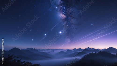 Wallpaper Mural Starry night sky above a range of silhouette mountains Torontodigital.ca