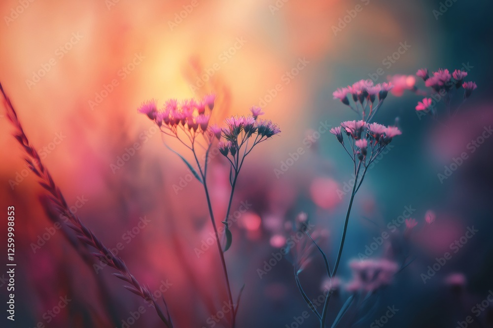 Close up of wildflowers with a colorful sunset background, creating a beautiful and dreamy atmosphere