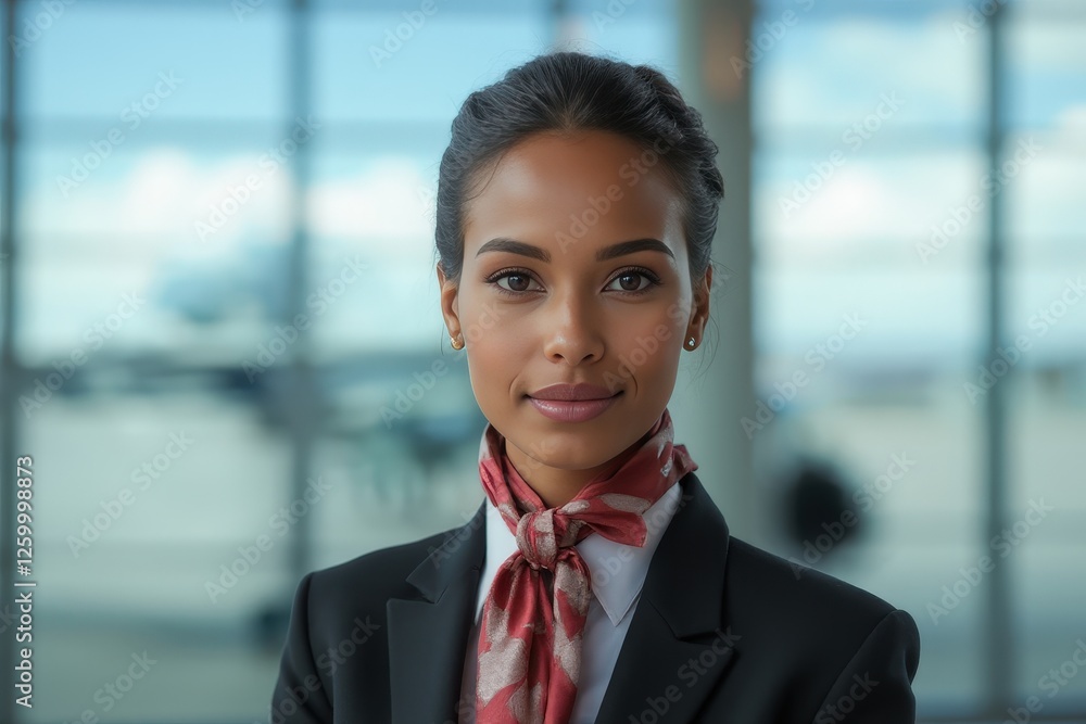 Head and shoulders Portrait of an elegant stylish Barbadian young female flight attendant in uniform. Head and shoulders Portrait of an elegant stylish Barbadian young female flight attendant in uniform.