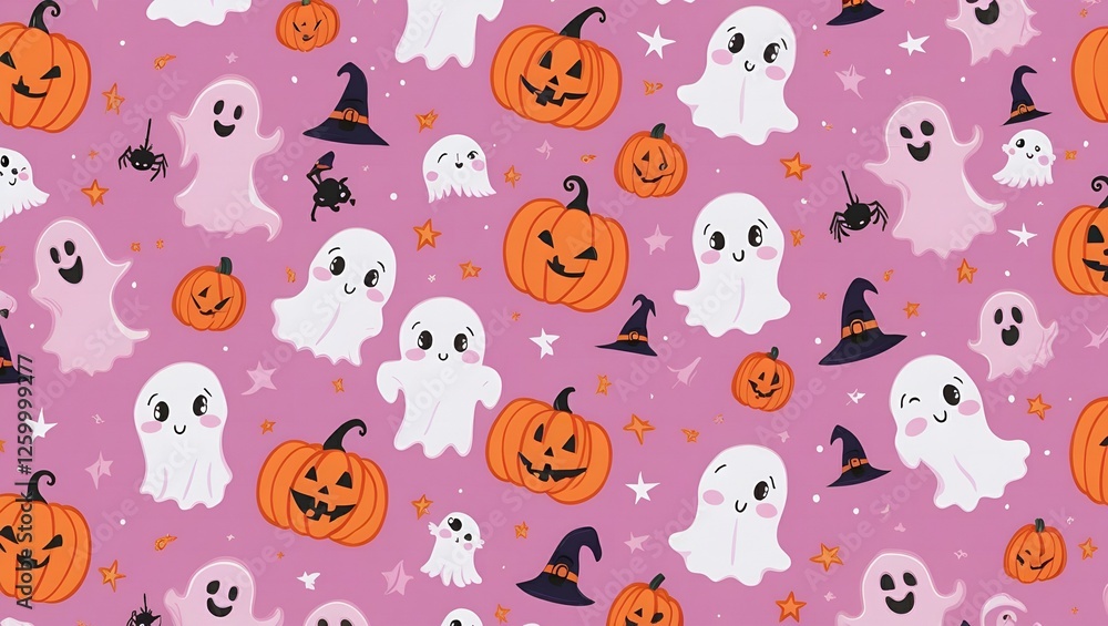 Fototapeta premium Cute halloween seamless pattern with ghosts pumpkins and stars on a purple background creating a playful and spooky design perfect for decorations.