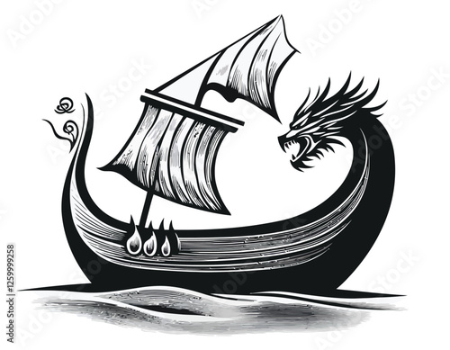 Viking Longship with Dragon Head and Sails in Black and White Illustrating Power and Adventure