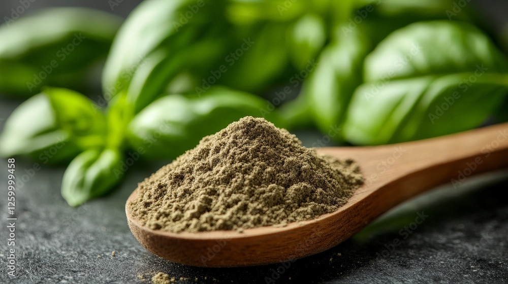 A wooden spoon holds ground basil, surrounded by fresh basil leaves. A wooden spoon holds ground basil, surrounded by fresh basil leaves.