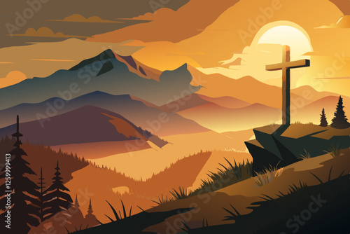 Silhouette of a wooden cross on top of a hill at sunset