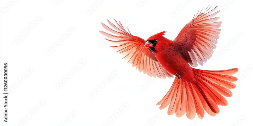 Vibrant red cardinal soars gracefully with its wings spread wide Vibrant red cardinal soars gracefully with its wings spread wide
