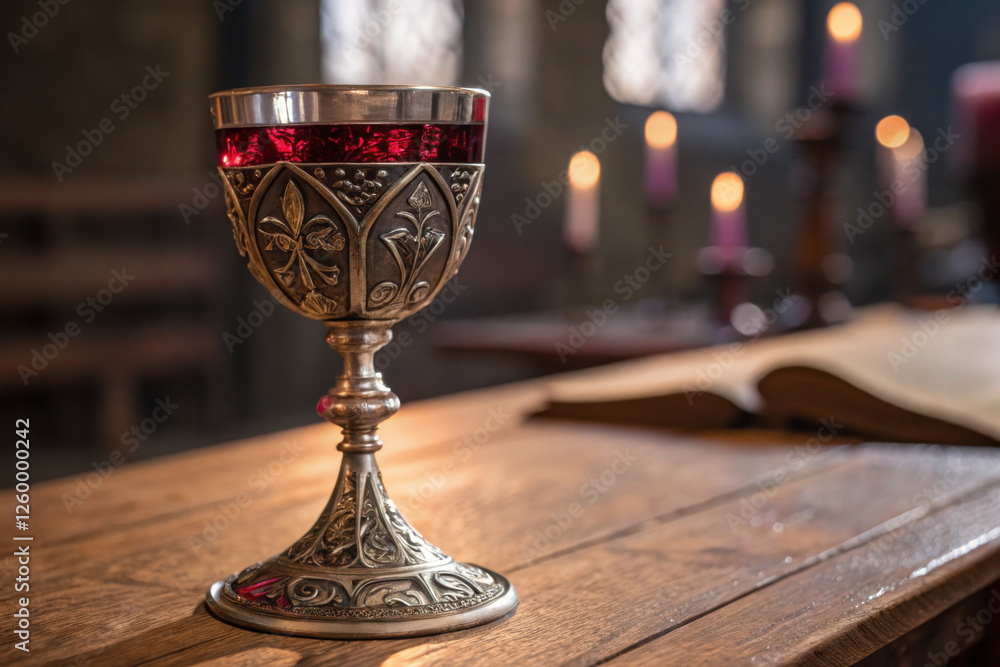 A sacred silver chalice filled with red wine in a dimly lit church interior A sacred silver chalice filled with red wine in a dimly lit church interior
