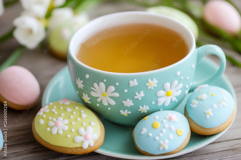 Light blue teacup adorned with white daisies, filled with herbal tea, accompanied by Easter themed sugar cookies on a rustic wooden table with spring flowers, creating a cozy atmosphere Light blue teacup adorned with white daisies, filled with herbal tea, accompanied by Easter themed sugar cookies on a rustic wooden table with spring flowers, creating a cozy atmosphere