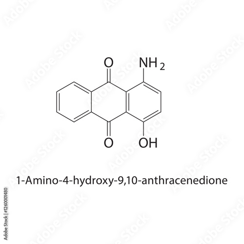 1-Amino-4-hydroxy-9,10- anthracenedione skeletal structure.Anthraquinone compound schematic illustration. Simple diagram, chemical structure.