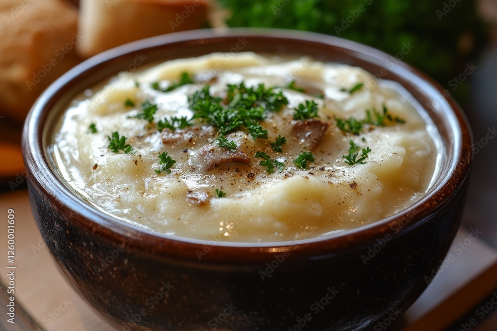 Creamy mushroom soup bowl, parsley garnish, bread background, food blog Creamy mushroom soup bowl, parsley garnish, bread background, food blog