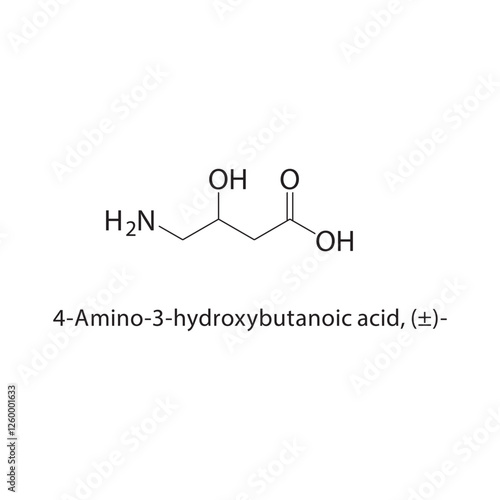 4-Amino-3-hydroxybutanoic acid, (±)- skeletal structure.Aminobutanoic acid derivative compound schematic illustration. Simple diagram, chemical structure.