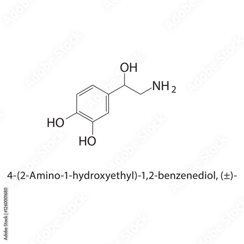 4-(2-Amino-1-hydroxyethyl)- 1,2-benzenediol, (±)- skeletal structure.Catecholamine derivative compound schematic illustration. Simple diagram, chemical structure.
