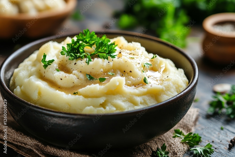 Creamy mashed potatoes, gravy, herbs, rustic table, Thanksgiving Creamy mashed potatoes, gravy, herbs, rustic table, Thanksgiving