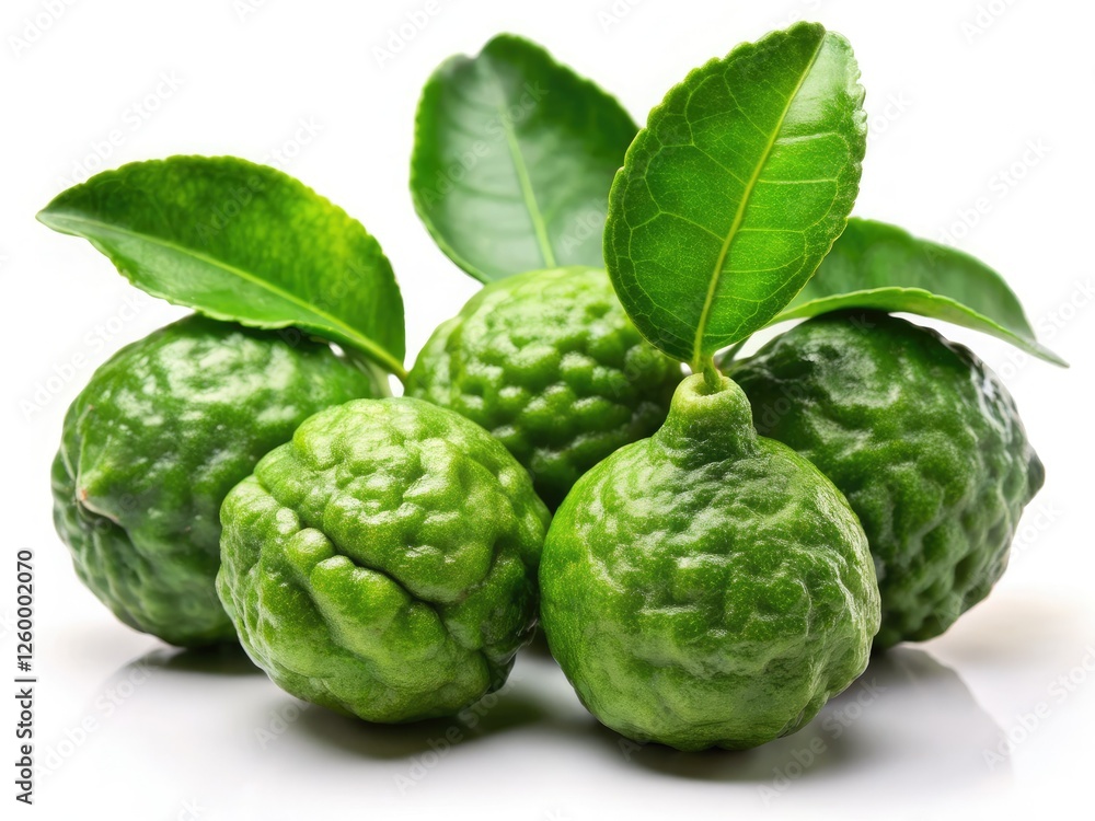 Close-up of fresh kaffir lime leaves and fruit, crisp white background. Close-up of fresh kaffir lime leaves and fruit, crisp white background.