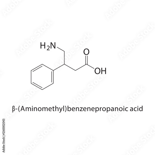 β-(Aminomethyl)- benzenepropanoic acid skeletal structure.Amino acid derivative compound schematic illustration. Simple diagram, chemical structure.