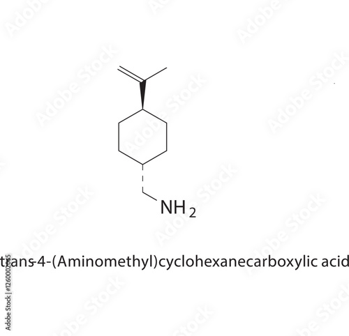 trans-4-(Aminomethyl)- cyclohexanecarboxylic acid skeletal structure.Cyclohexanecarboxylic acid compound schematic illustration. Simple diagram, chemical structure.