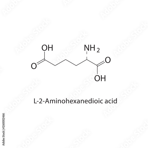 L-2-Aminohexanedioic acid skeletal structure.Amino acid compound schematic illustration. Simple diagram, chemical structure.