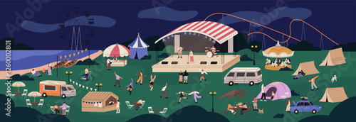 People have fun, dance in open air concert at night. Music festival in amusement park, at nature. Summer outdoor event with musicians on stage, crowd, food trucks, camp. Flat vector illustration