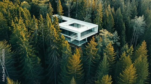 A unique modern structure is nestled among tall trees, creating a beautiful contrast with the lush green forest surrounding it