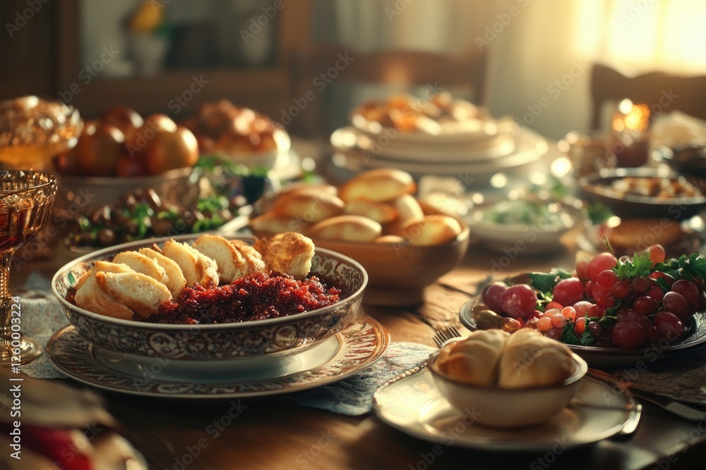 A table set for a festive meal with various traditional dishes and drinks. A table set for a festive meal with various traditional dishes and drinks.