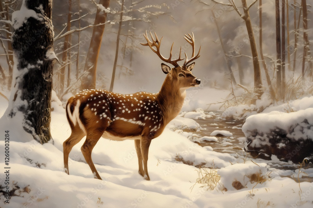 Painting of a deer with antlers standing in a snowy forest near a stream, creating a serene winter wildlife scene Painting of a deer with antlers standing in a snowy forest near a stream, creating a serene winter wildlife scene