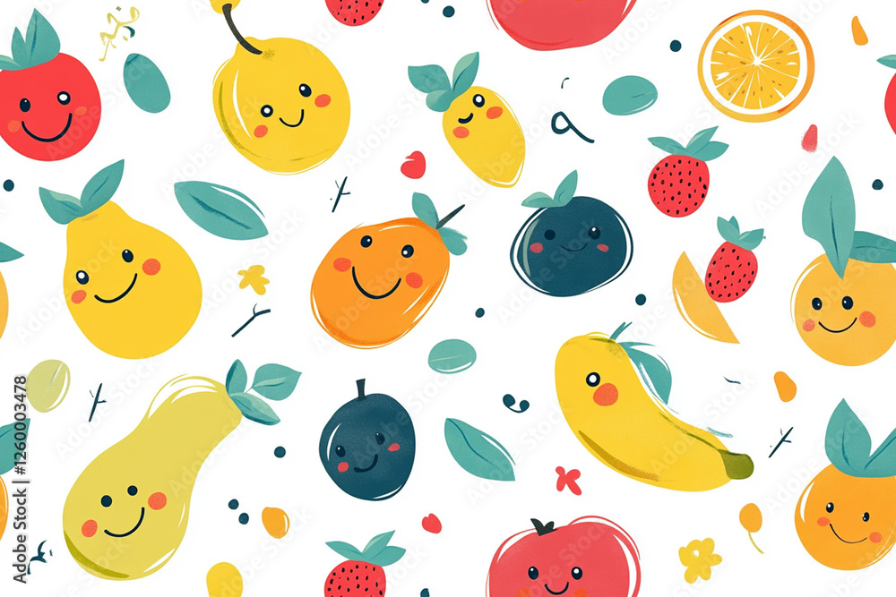 Fun pattern with cartoon fruits and smiley faces on white background, textures, patterns Fun pattern with cartoon fruits and smiley faces on white background, textures, patterns