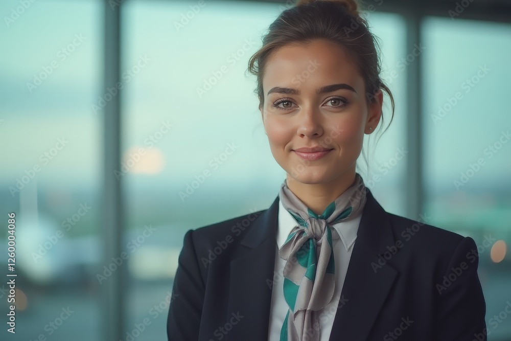 Head and shoulders Portrait of an elegant stylish Costa Rican young female flight attendant in uniform. Head and shoulders Portrait of an elegant stylish Costa Rican young female flight attendant in uniform.