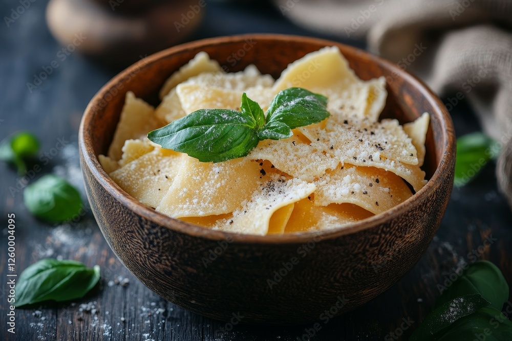 Homemade pasta, basil, cheese, dark wood bowl, rustic kitchen, food blog Homemade pasta, basil, cheese, dark wood bowl, rustic kitchen, food blog