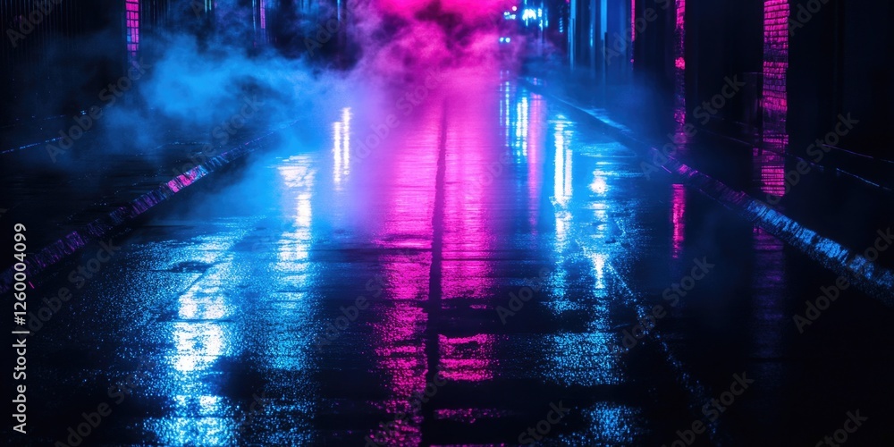 Vibrant, wet night scene on city streets with neon lights reflected on the wet pavement. Vibrant, wet night scene on city streets with neon lights reflected on the wet pavement.
