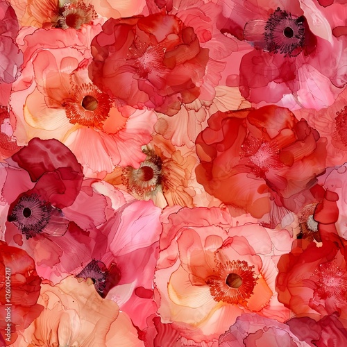 Seamless Floral Alcohol Ink Pattern, Red Poppies Illustration, Floral Background, Flower Pattern. For covers, wallpapers, branding, greeting cards, invitations, social media and other stylish projects