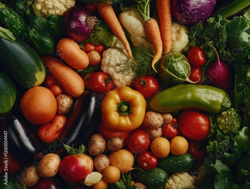 Fototapeta Naklejka Na Ścianę i Meble -  Colorful assortment of fresh vegetables and fruits in a variety of sizes