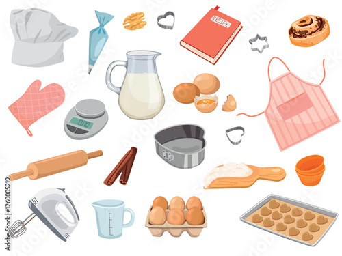 set of baking ingredients. Products and kitchen tools for cooking baking recipes. Cartoon vector illustration