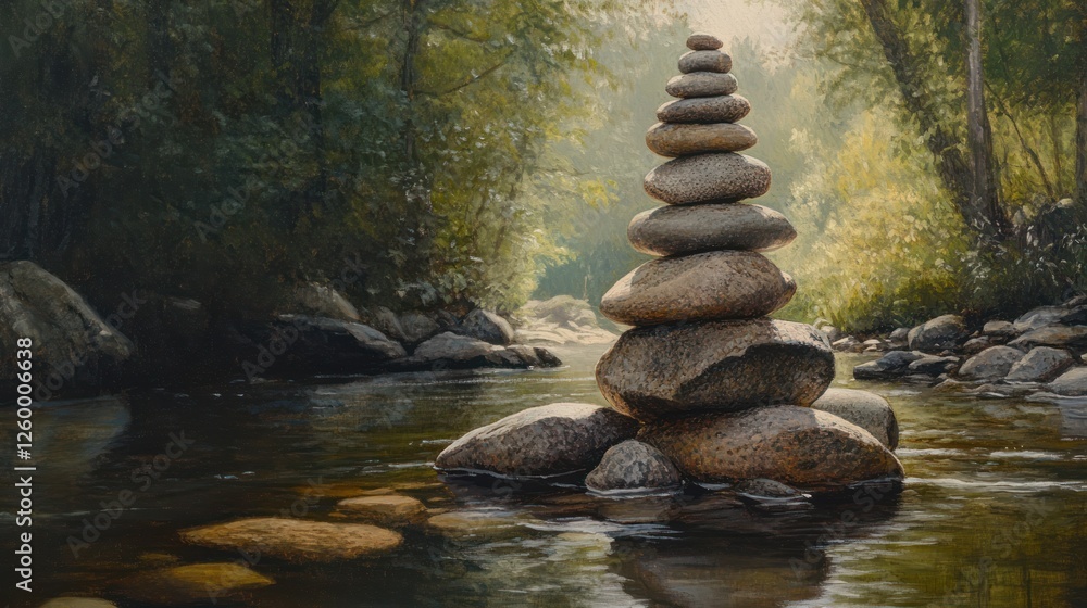 Balanced stones by tranquil river, forest background; Zen meditation Balanced stones by tranquil river, forest background; Zen meditation