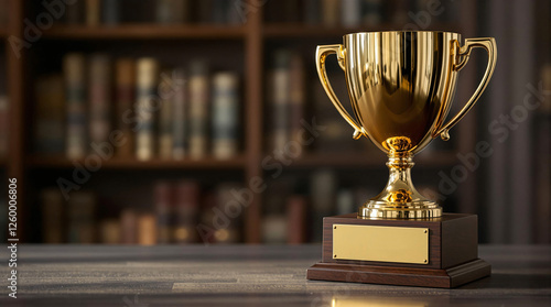 Golden trophy with a blank nameplate on a wooden table. photo