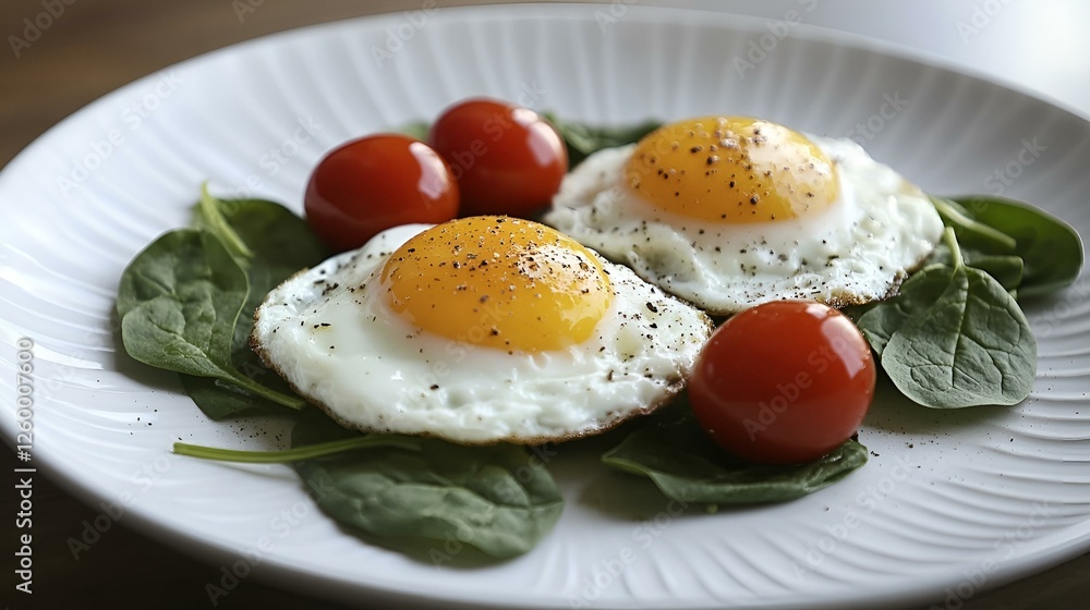 Fried eggs with cherry tomatoes and fresh spinach on a white plate for a healthy breakfast Fried eggs with cherry tomatoes and fresh spinach on a white plate for a healthy breakfast