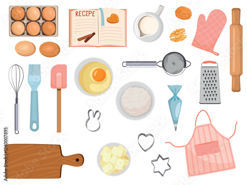 set of baking ingredients. Products and kitchen tools for cooking baking recipes. Cartoon vector illustration