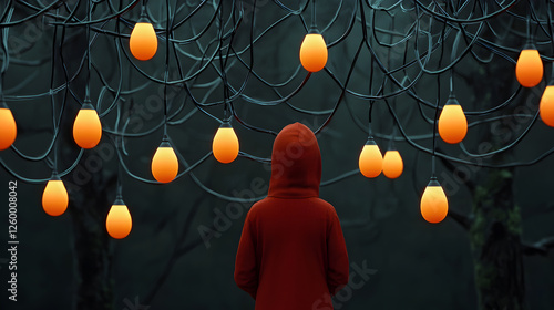 person in red hoodie stands under glowing orange lights in dark, mysterious forest photo